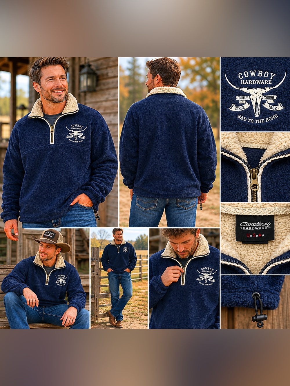 Cowboy Hardware Sherpa Lined Fleece Pullover Navy Blue XXL Western Sweatshirt